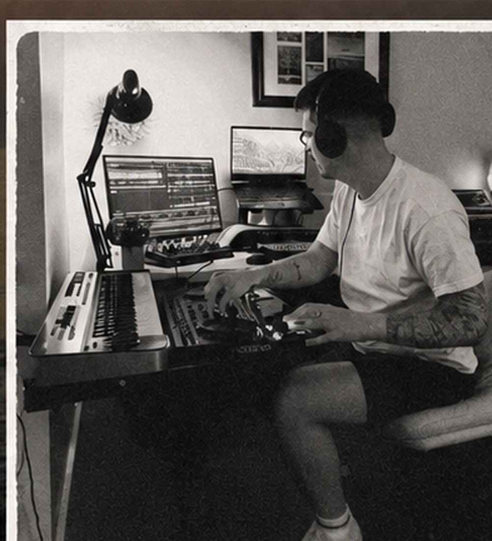 DJ.Ramirezz working in a home studio with headphones and music equipment